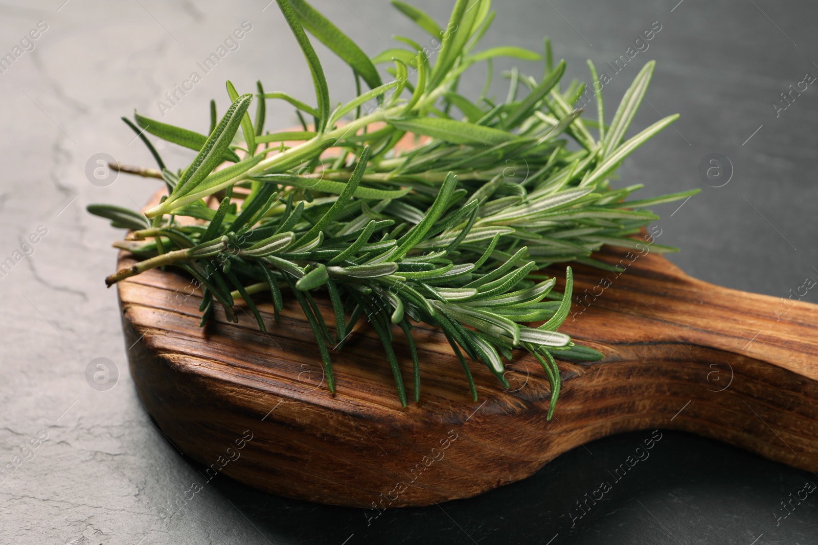 Photo of Fresh green rosemary on grey table, closeup