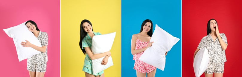 Collage with photos of young woman holding soft pillows on different color backgrounds. Banner design