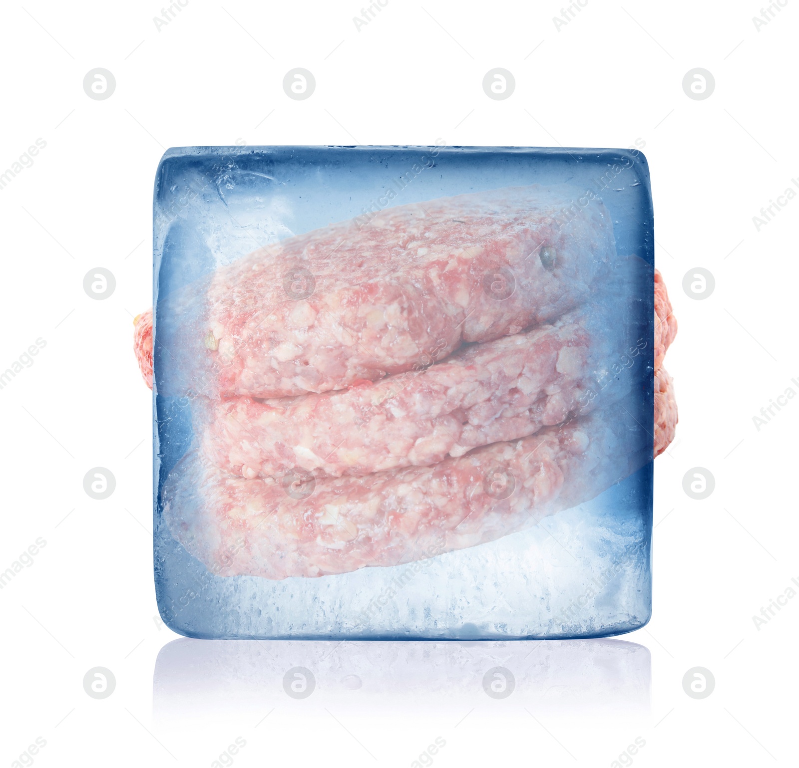 Image of Frozen food. Raw hamburger patties in ice cube isolated on white