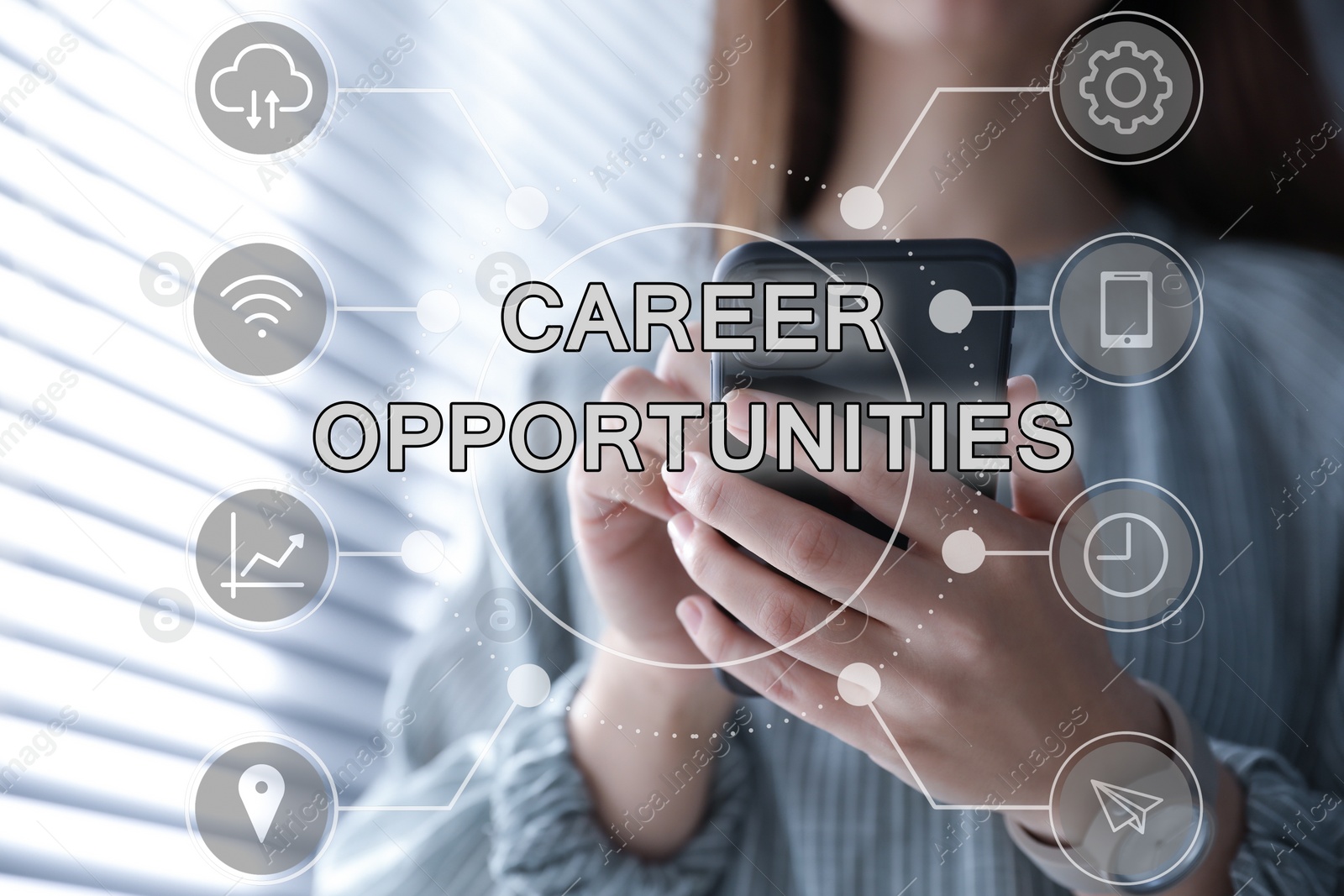 Image of Career opportunities. Woman with smartphone indoors, closeup