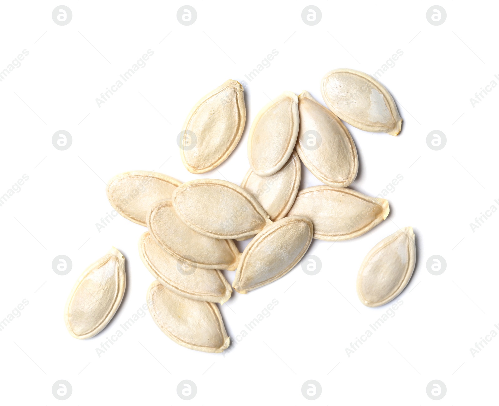 Photo of Pile of raw pumpkin seeds on white background, top view