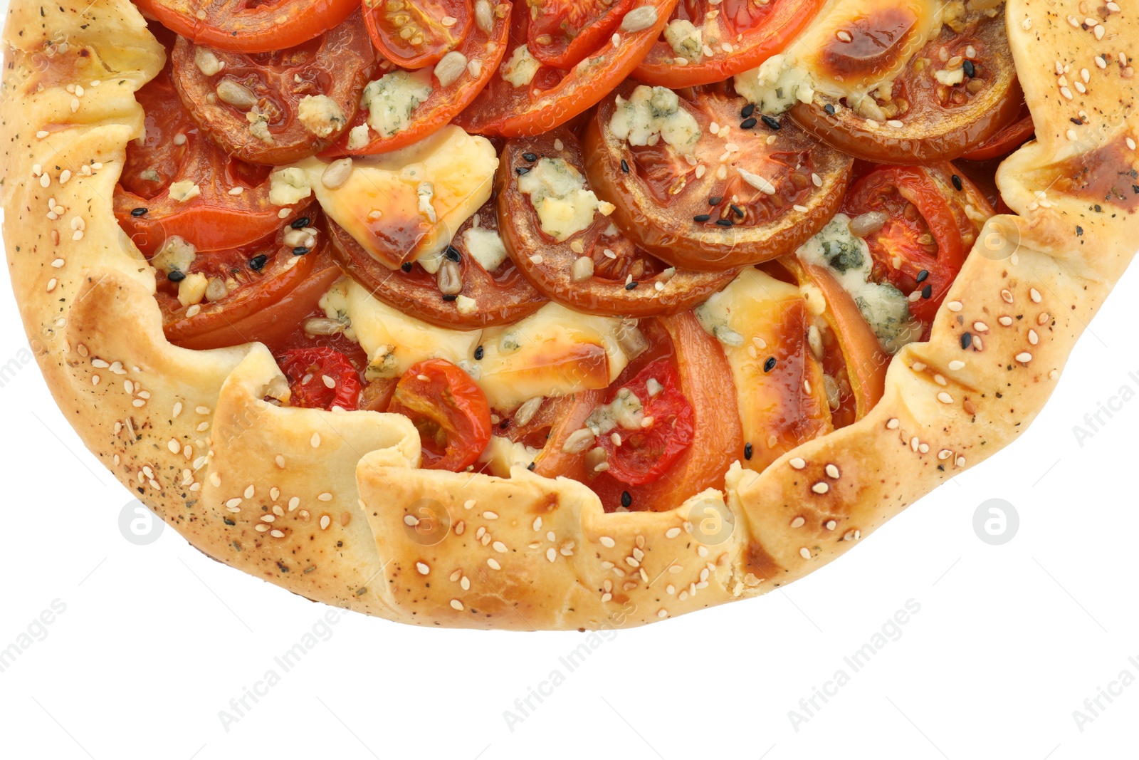 Photo of Tasty galette with tomato and cheese (Caprese galette) isolated on white, top view