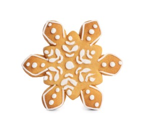 Photo of Tasty snowflake shaped Christmas cookie isolated on white