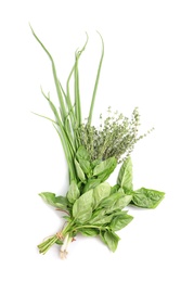 Photo of Fresh green onion, basil and thyme on white background, top view. Aromatic herbs