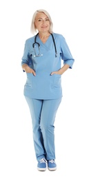 Full length portrait of female doctor in scrubs isolated on white. Medical staff