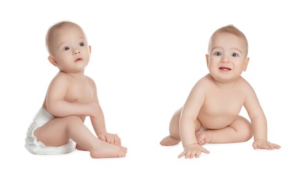 Cute little babies on white background, collage 