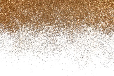 Photo of Shiny golden glitter on white background, top view