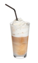 Photo of Delicious latte with whipped cream in glass isolated on white