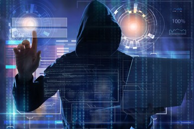 Man with laptop and digital code on dark background. Cyber attack concept