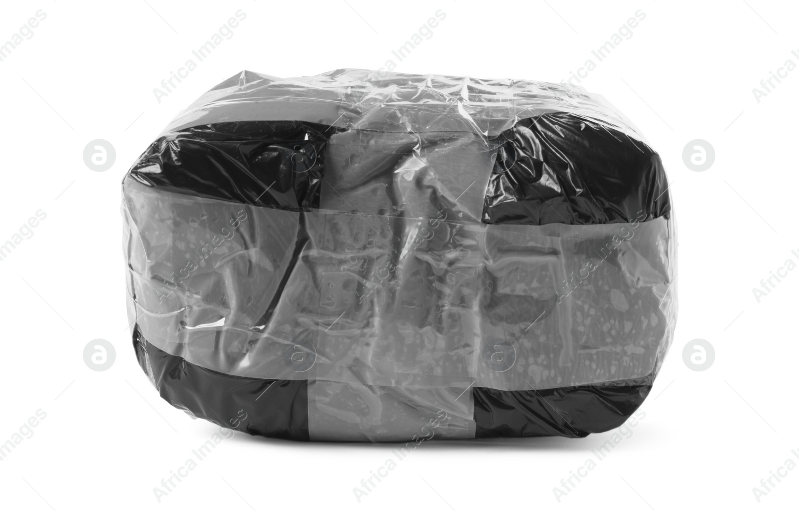 Photo of Package with narcotics isolated on white. Drug addiction