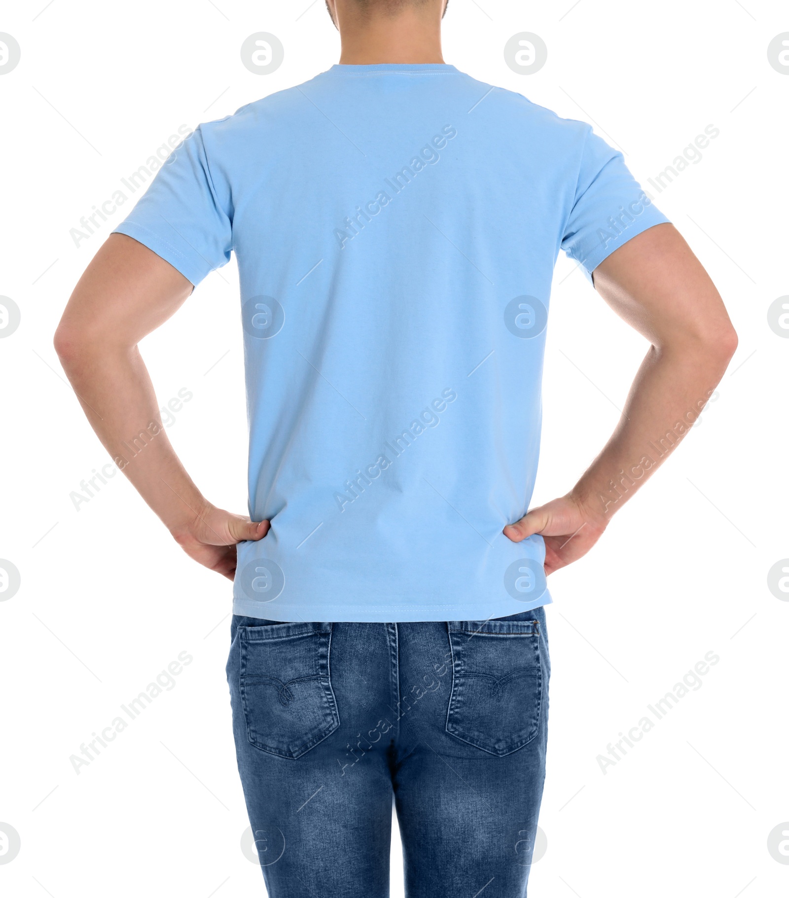 Photo of Young man on white background, closeup. Weight loss