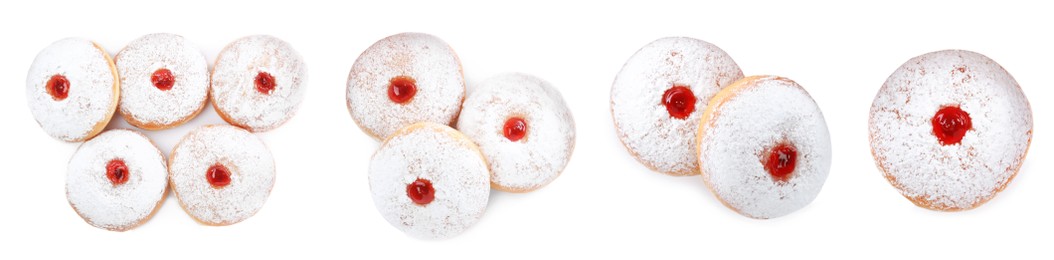 Image of Top view of delicious donuts with jelly and powdered sugar on white background, collage. Banner design