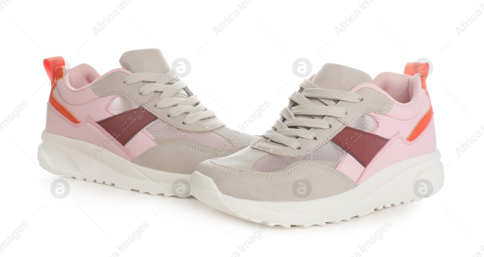 Photo of Pair of stylish shoes on white background