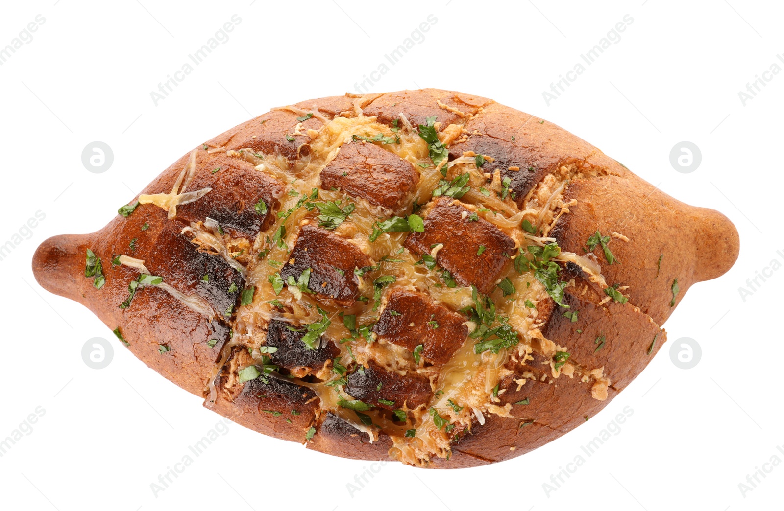 Photo of Delicious homemade garlic bread with herbs and cheese on white background