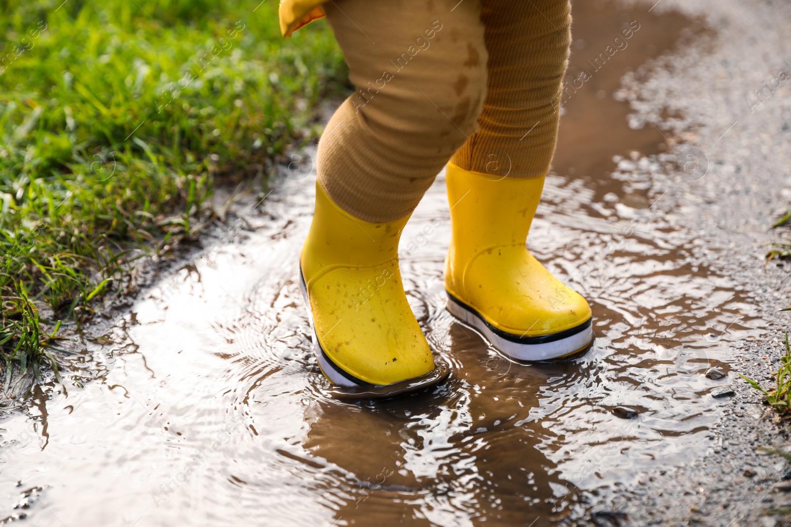 Photo of Little girl wearing rubber boots walking in puddle, closeup