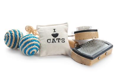 Photo of Cat's accessories on white background