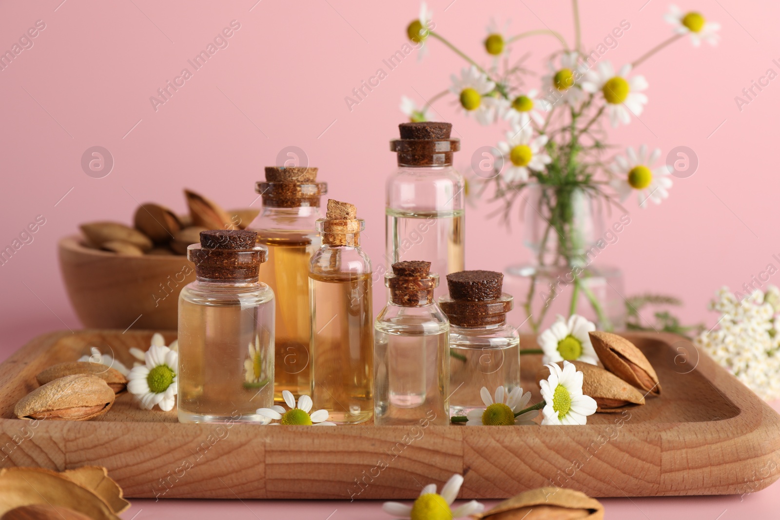 Photo of Aromatherapy. Different essential oils, flowers and almonds on pink background