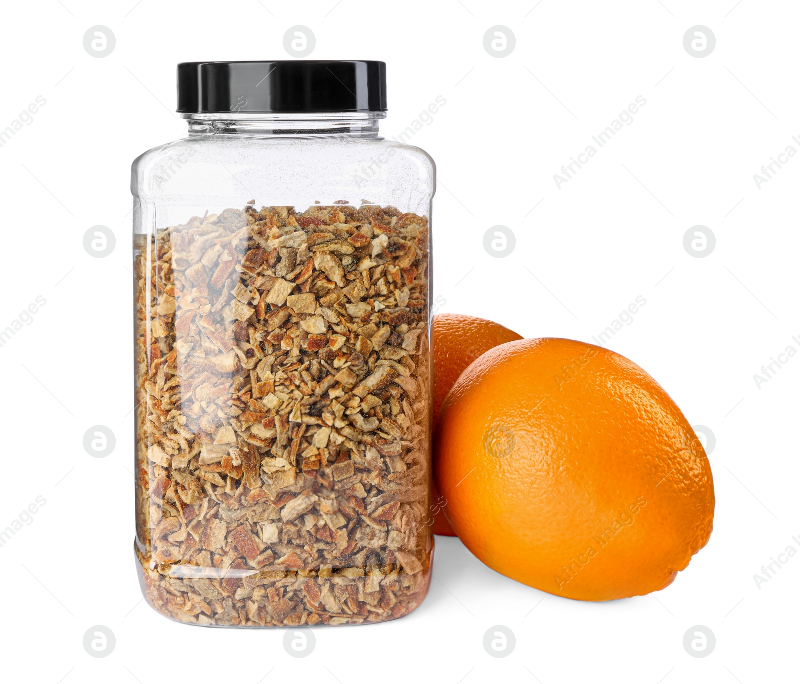 Photo of Jar of dried orange zest seasoning and fresh fruits isolated on white