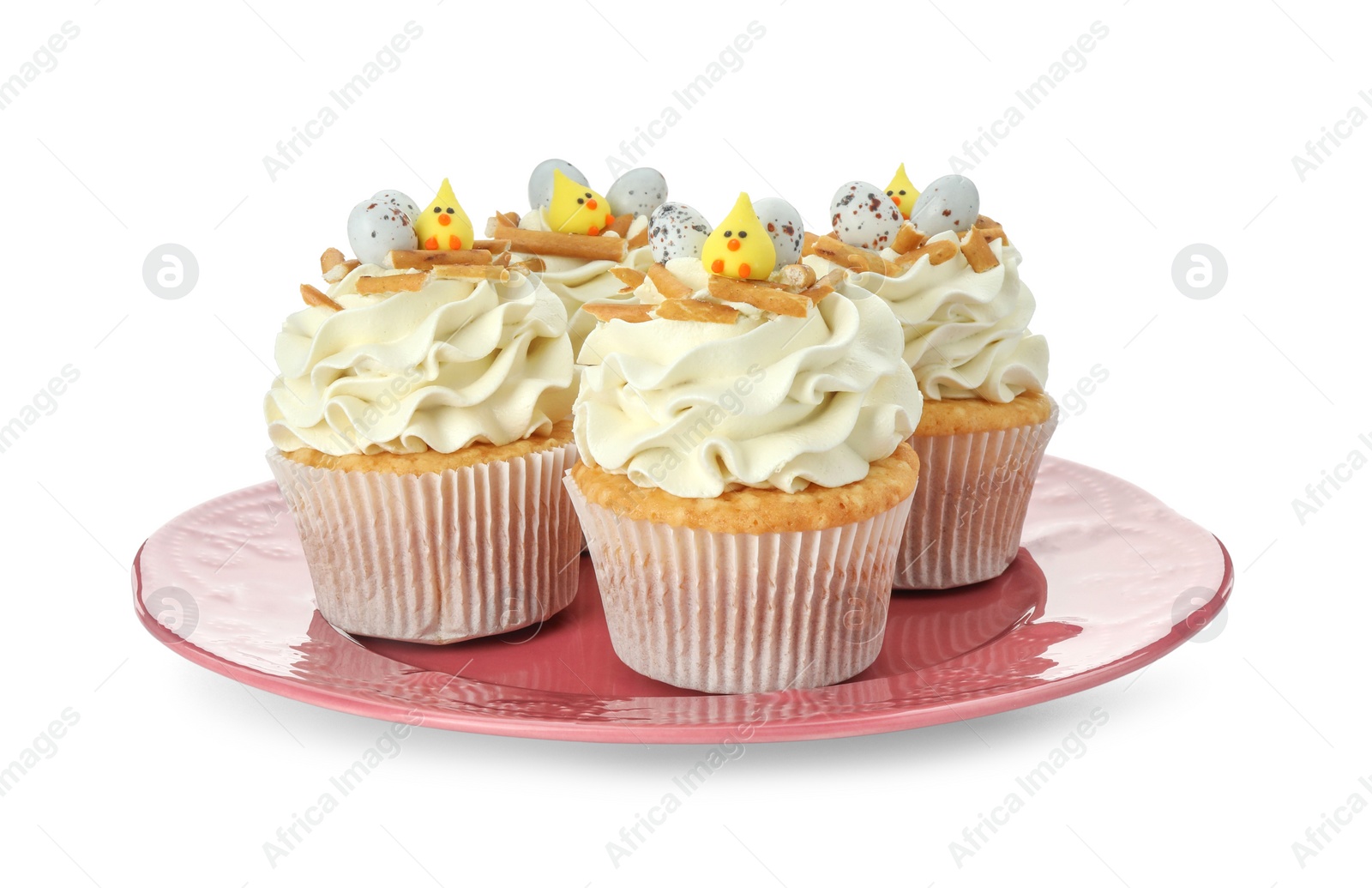 Photo of Tasty Easter cupcakes with vanilla cream isolated on white