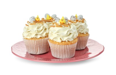 Photo of Tasty Easter cupcakes with vanilla cream isolated on white