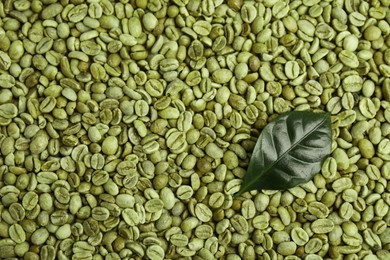 Lush leaf on pile of green coffee beans, top view. Space for text