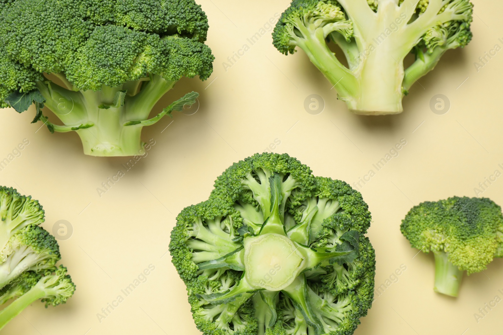 Photo of Fresh broccoli on beige background, flat lay