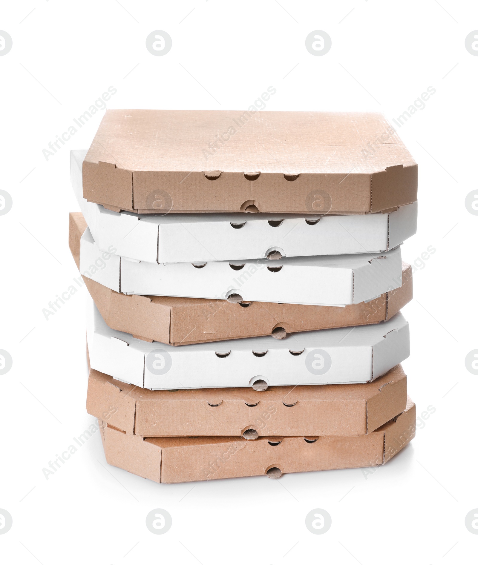 Photo of Stack of cardboard pizza boxes on white background