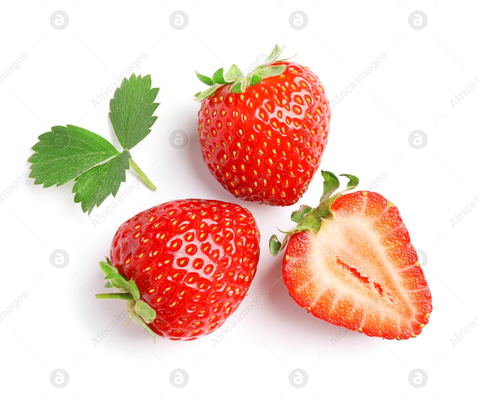 Photo of Delicious fresh red strawberries and green leaf on white background, top view