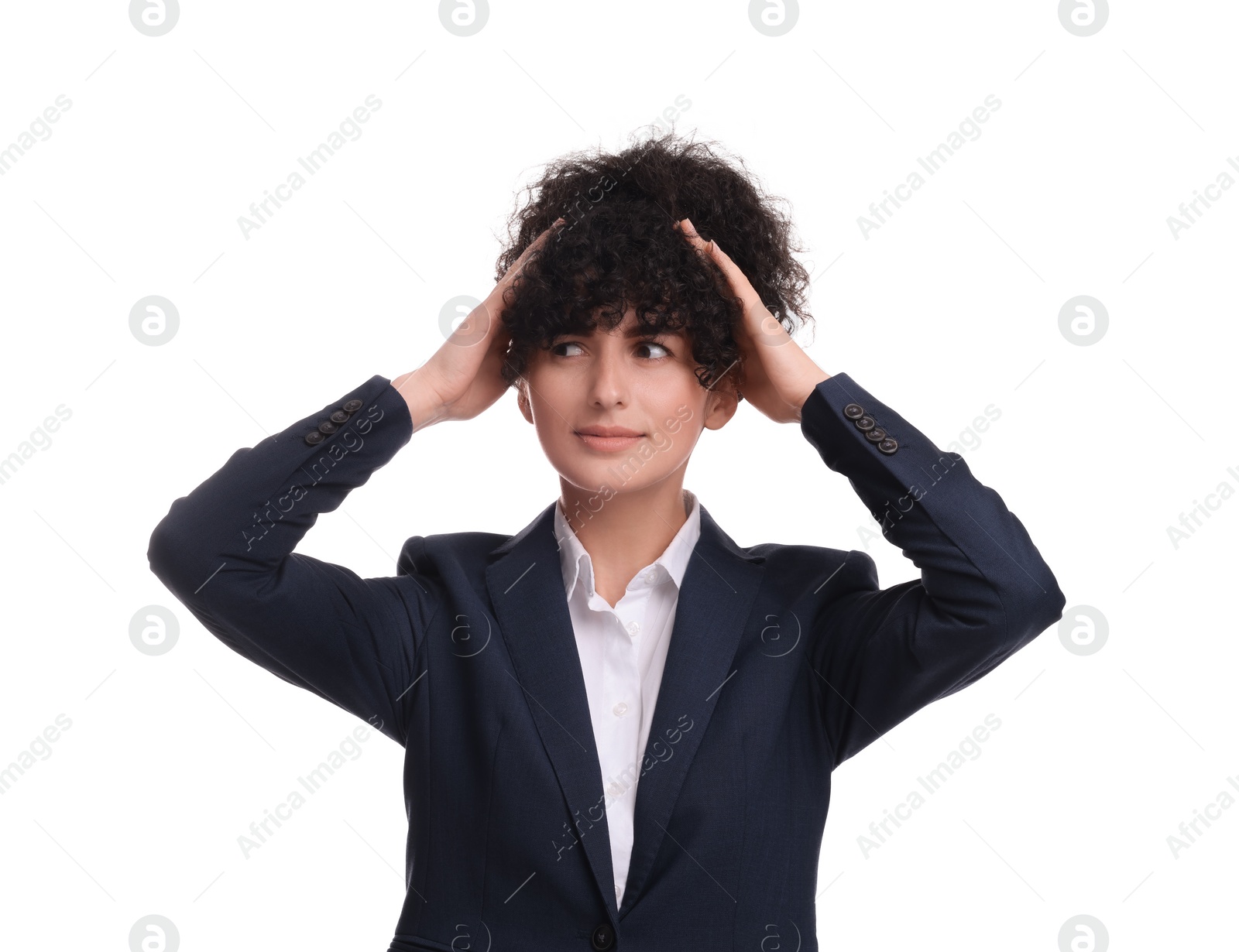 Photo of Beautiful young businesswoman in suit on white background