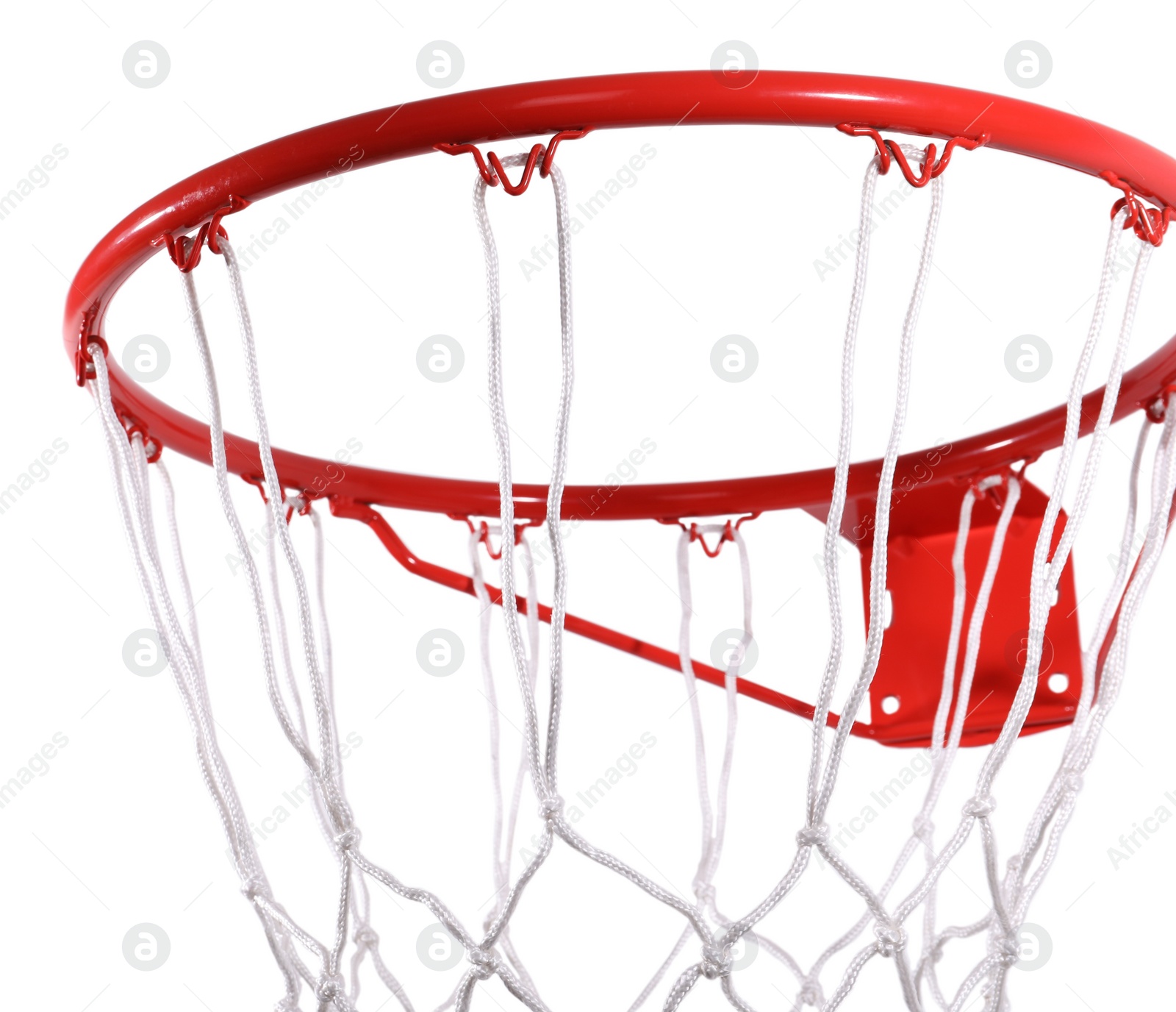 Photo of Modern red basketball hoop with net on white background, closeup