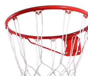 Photo of Modern red basketball hoop with net on white background, closeup