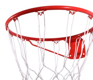 Modern red basketball hoop with net on white background, closeup