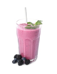 Photo of Tasty fresh milk shake with berries on white background