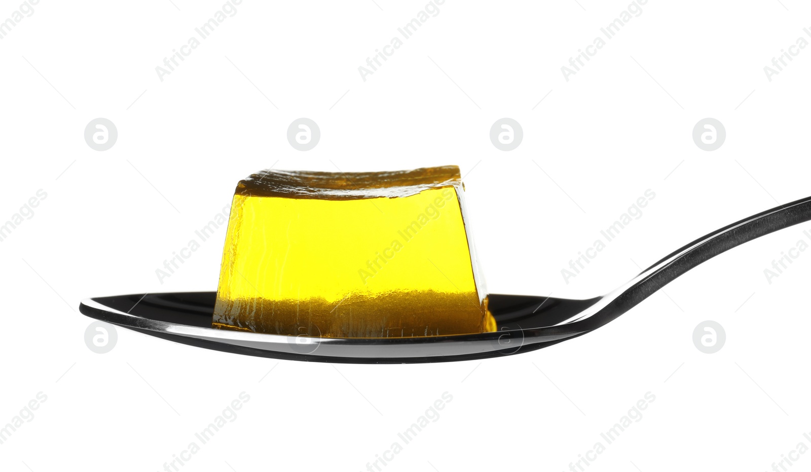 Photo of Spoon with tasty jelly cube isolated on white