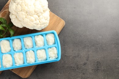 Photo of Cauliflower puree in ice cube tray ready for freezing and ingredients on grey table, flat lay. Space for text