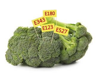 Image of Broccoli with E numbers on white background. Harmful food additives 