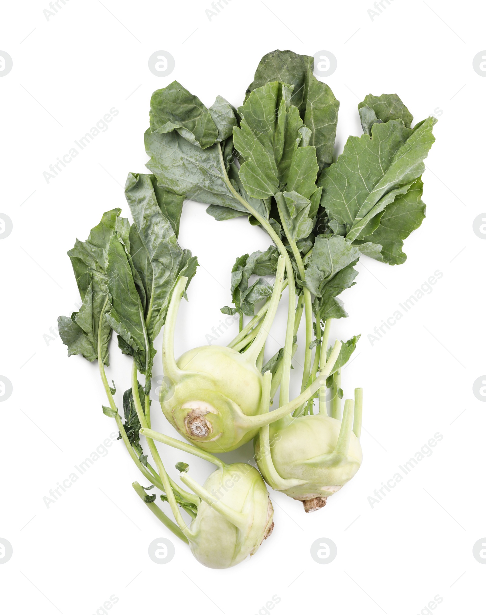 Photo of Whole ripe kohlrabies with leaves on white background, top view