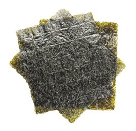 Photo of Dry nori sheets on white background, top view