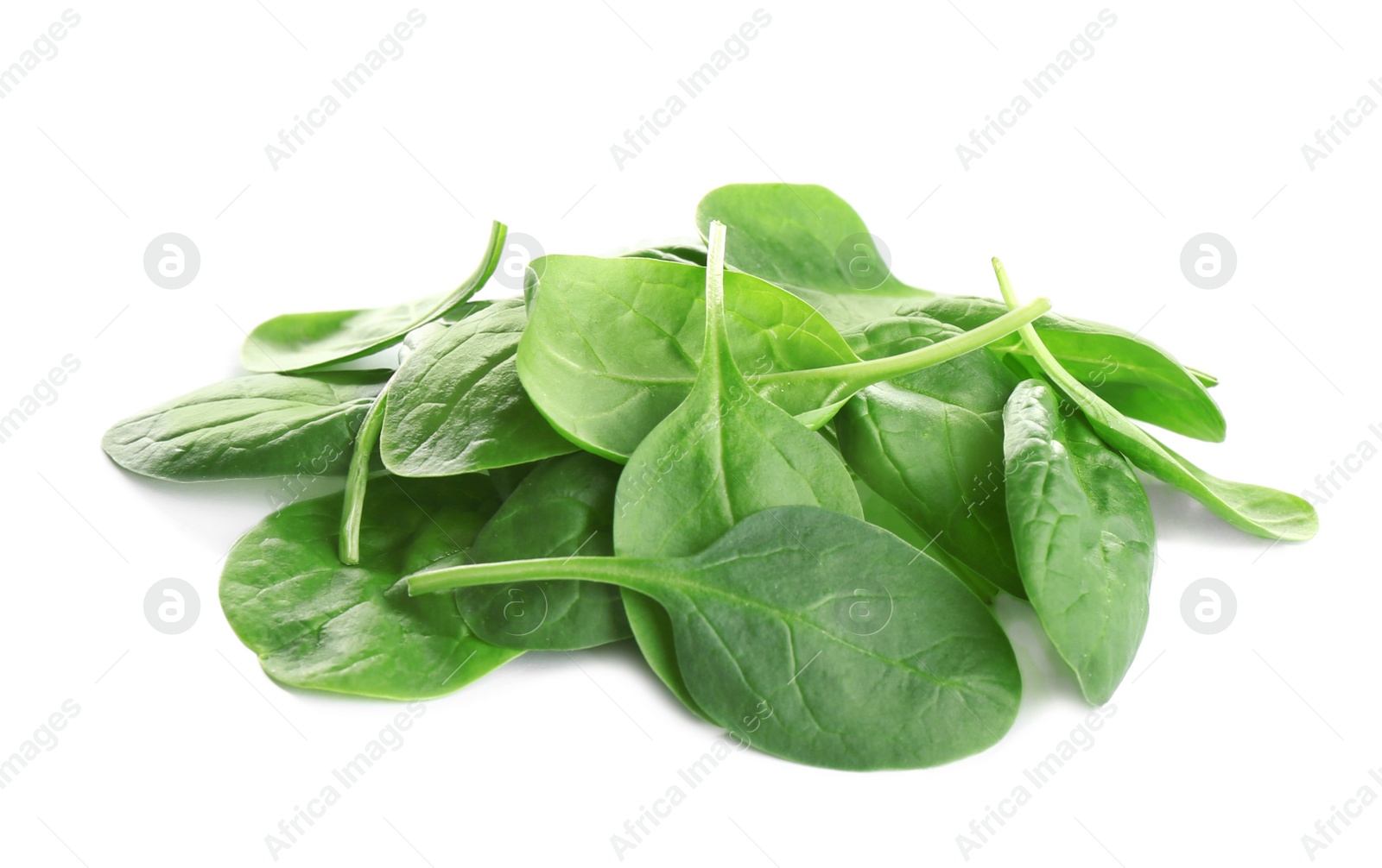 Photo of Pile of fresh green healthy baby spinach leaves on white background