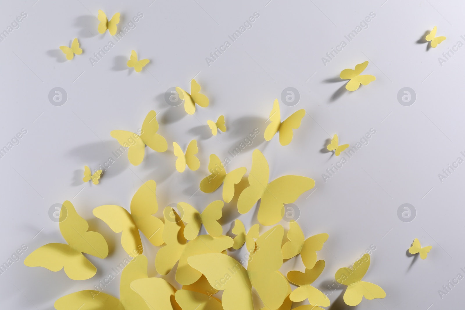Photo of Yellow paper butterflies on white background, top view