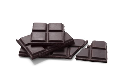 Pieces of delicious dark chocolate bars on white background