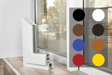 Image of Sample of modern window profile on sill and avaiable colors palette
