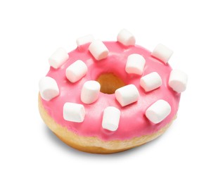 Photo of Sweet delicious glazed donut decorated with marshmallow on white background