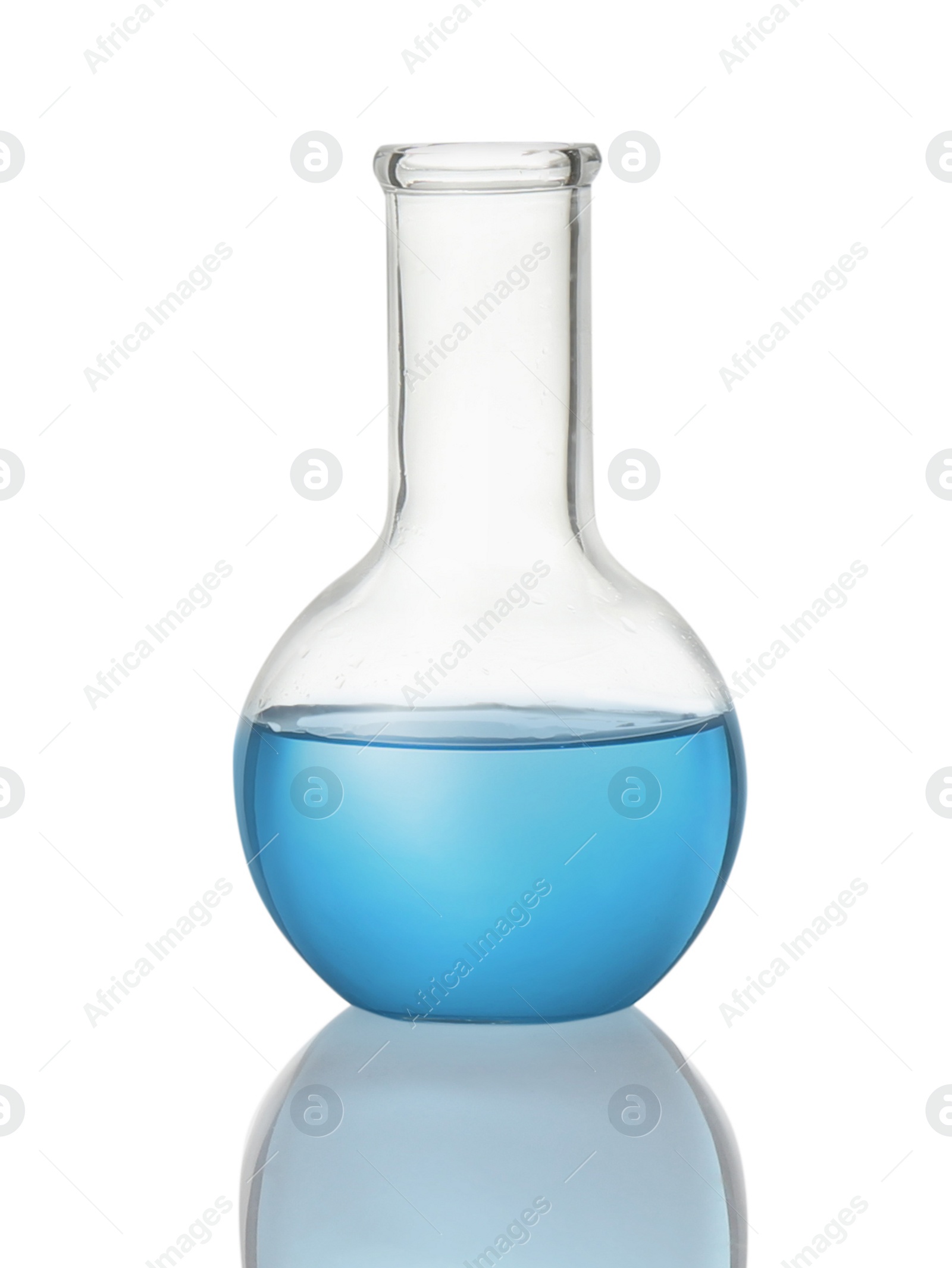 Photo of Florence flask with light blue liquid isolated on white