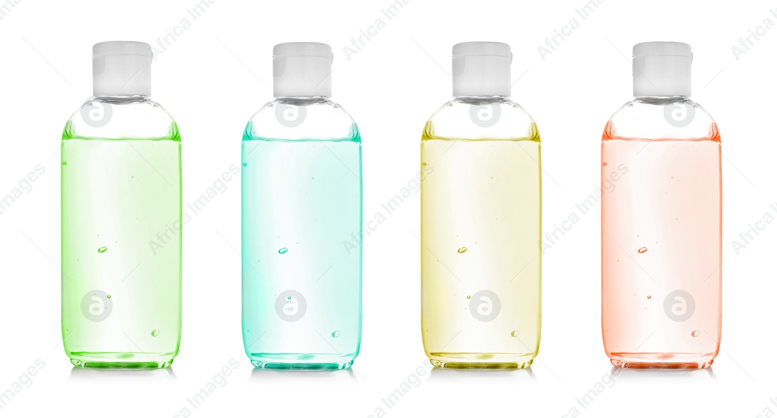 Image of Set of different antibacterial hand gels on white background