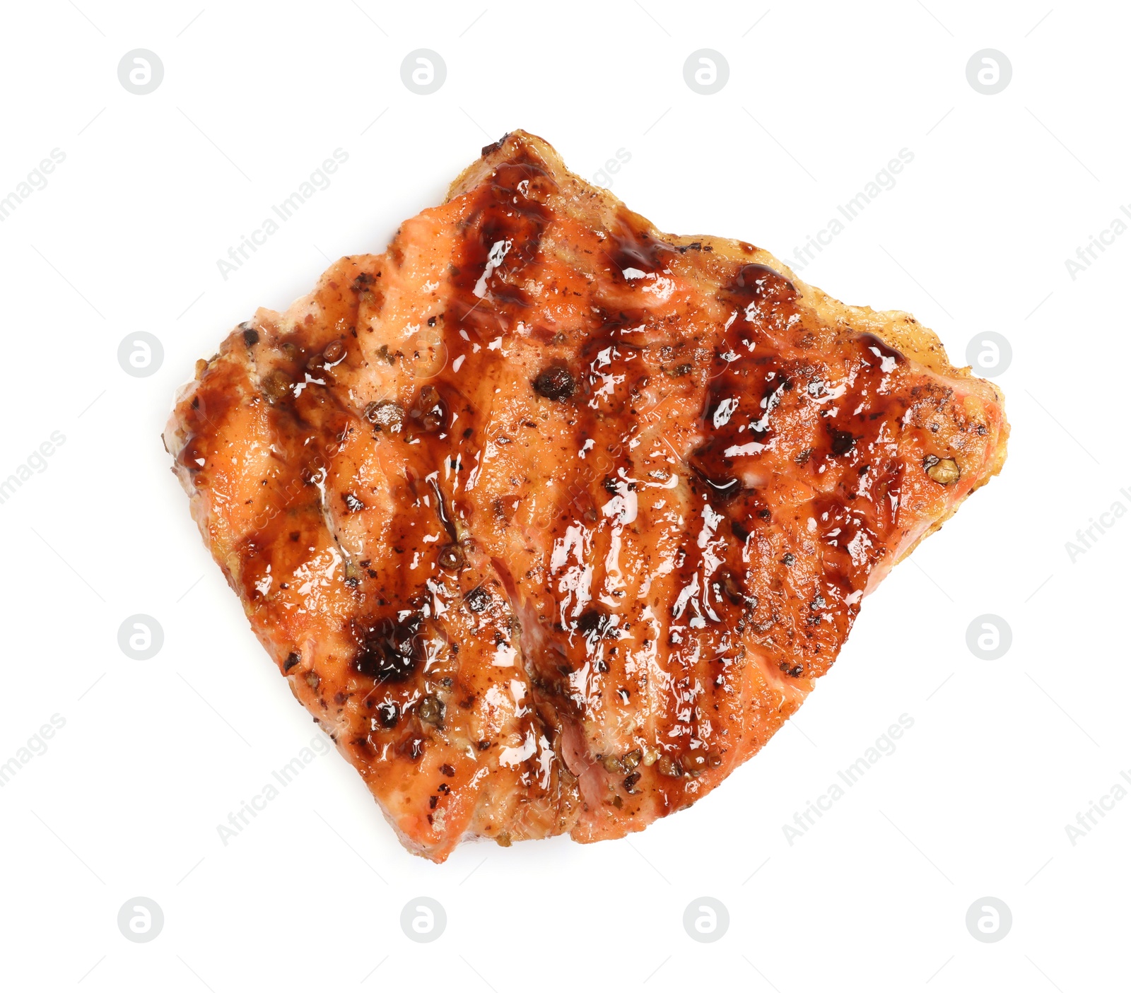 Photo of Piece of tasty grilled salmon on white background, top view