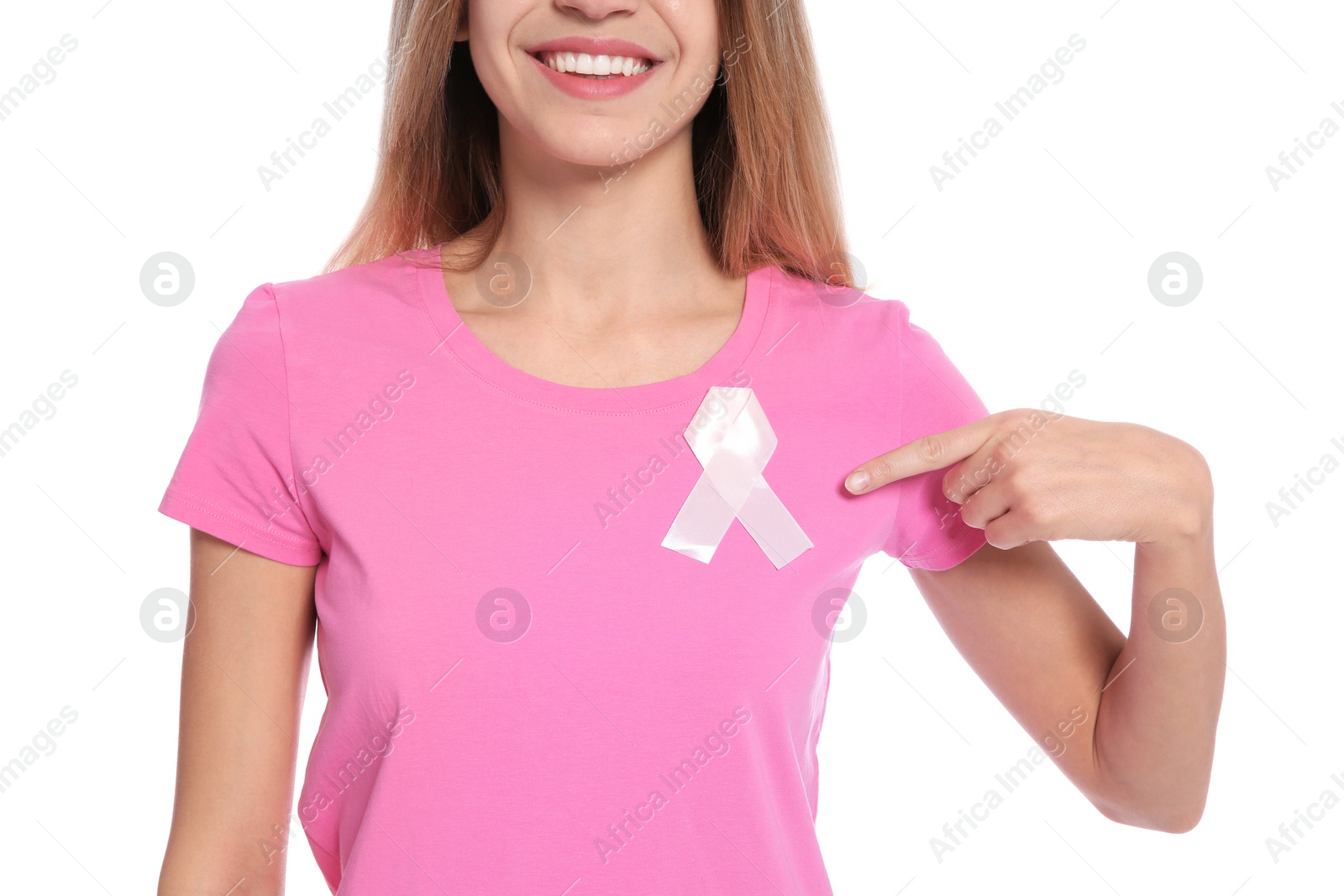 Photo of Woman with silk ribbon on white background, closeup. Breast cancer awareness concept