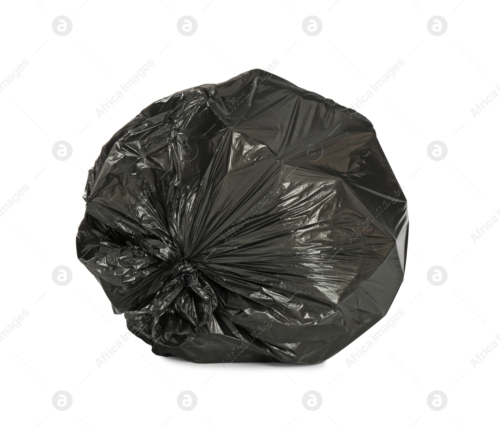 Photo of Black trash bag filled with garbage isolated on white