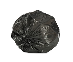 Photo of Black trash bag filled with garbage isolated on white