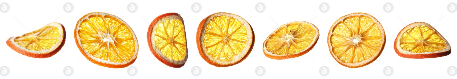 Image of Collage with dry orange slices on white background, banner design